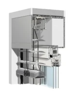 Detailansicht eines modernen Rollladenkastens mit integriertem Fenster